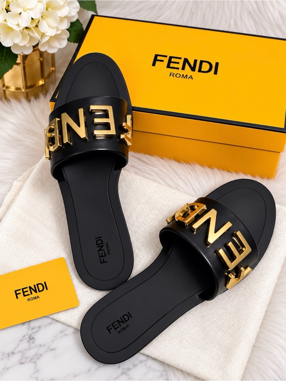 Fendi Black Slide Sandals with Gold Logo Accent